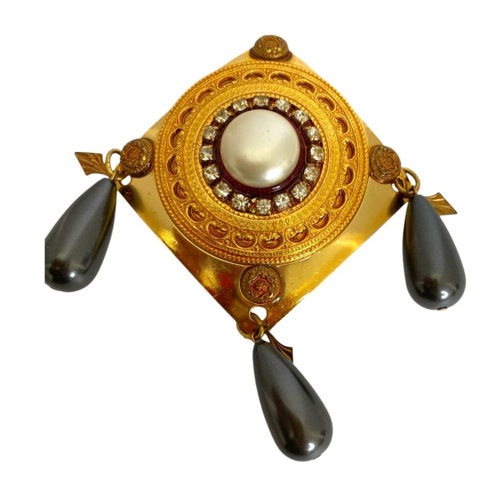 Vintage Patti Horn Brooch with Gold-Tone Filigree and Faux Pearl & Rhinestones